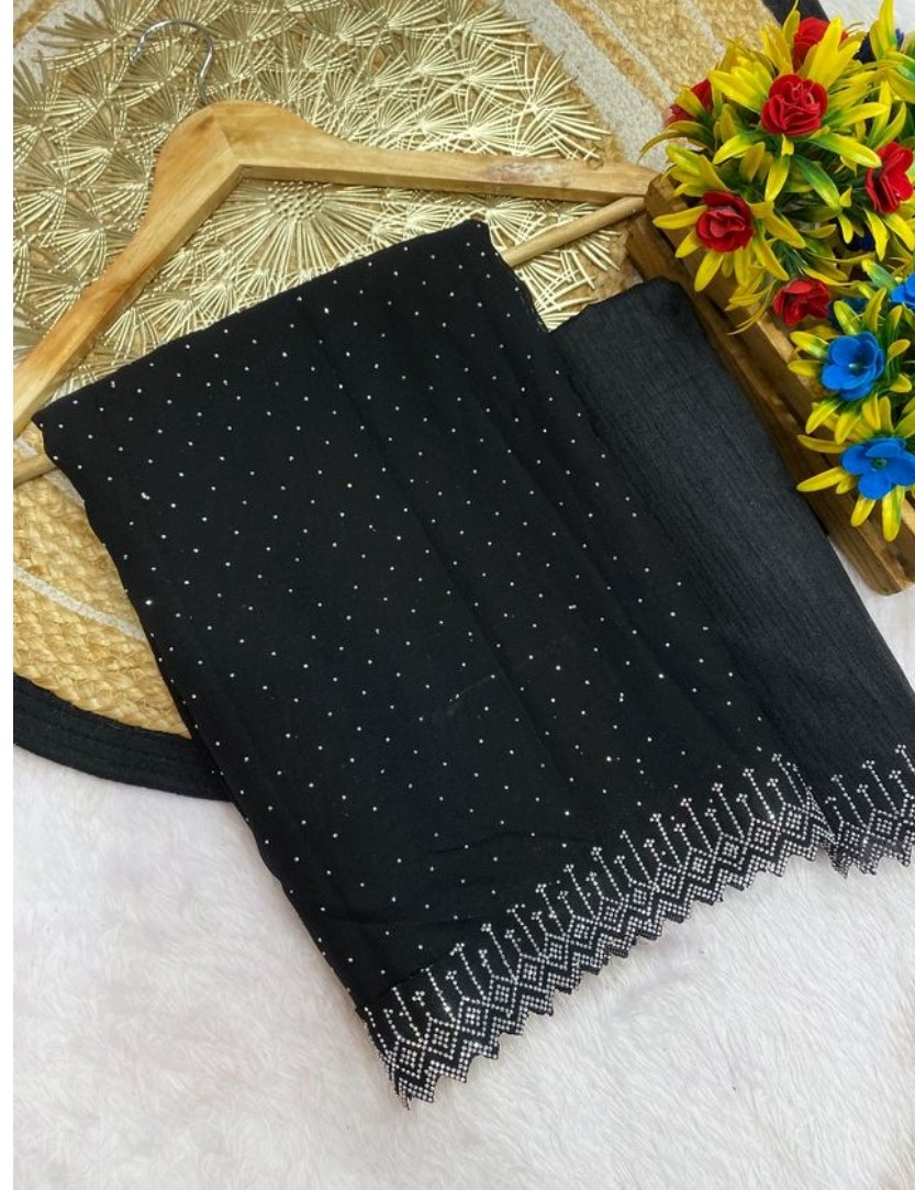  Women's Georgette Stone Work Saree With Unstitched Blouse 5.5Mtr (Black) 