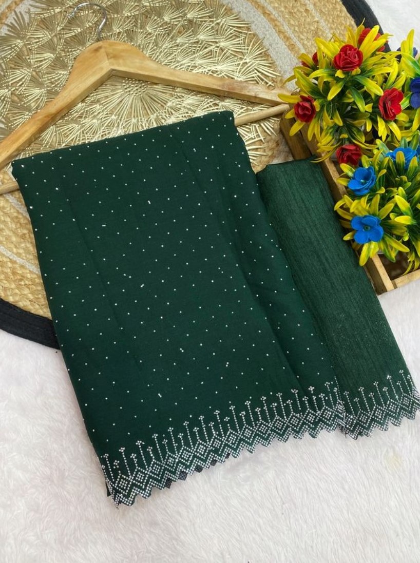  Women's Georgette Stone Work Saree With Unstitched Blouse 5.5Mtr (Green) 