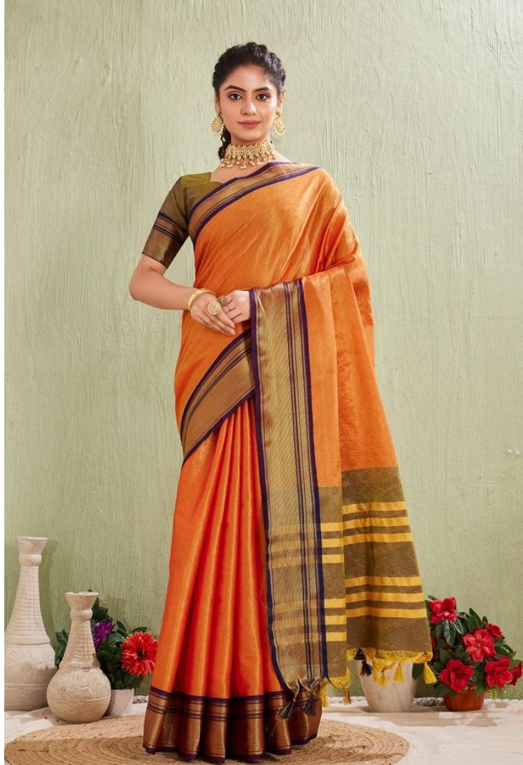  Women's Silk Blended Jaquard Woven Saree With Unstitched Blouse 5.5Mtr (Orange) 