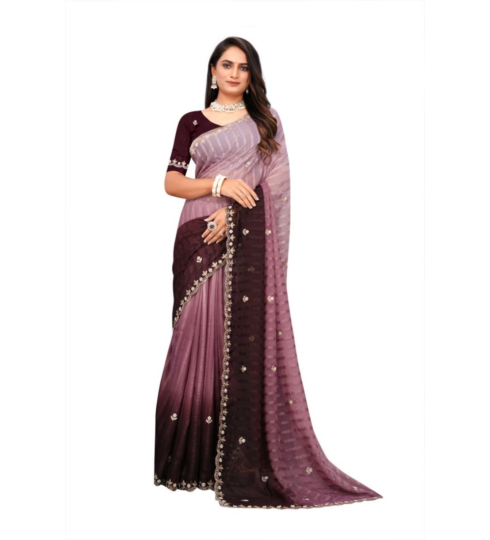  Women's Chiffon Embroidred Saree With Unstitched Blouse 5.5Mtr (Beige) 