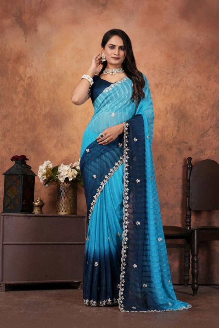  Women's Chiffon Embroidred Saree With Unstitched Blouse 5.5Mtr (Light Blue) 
