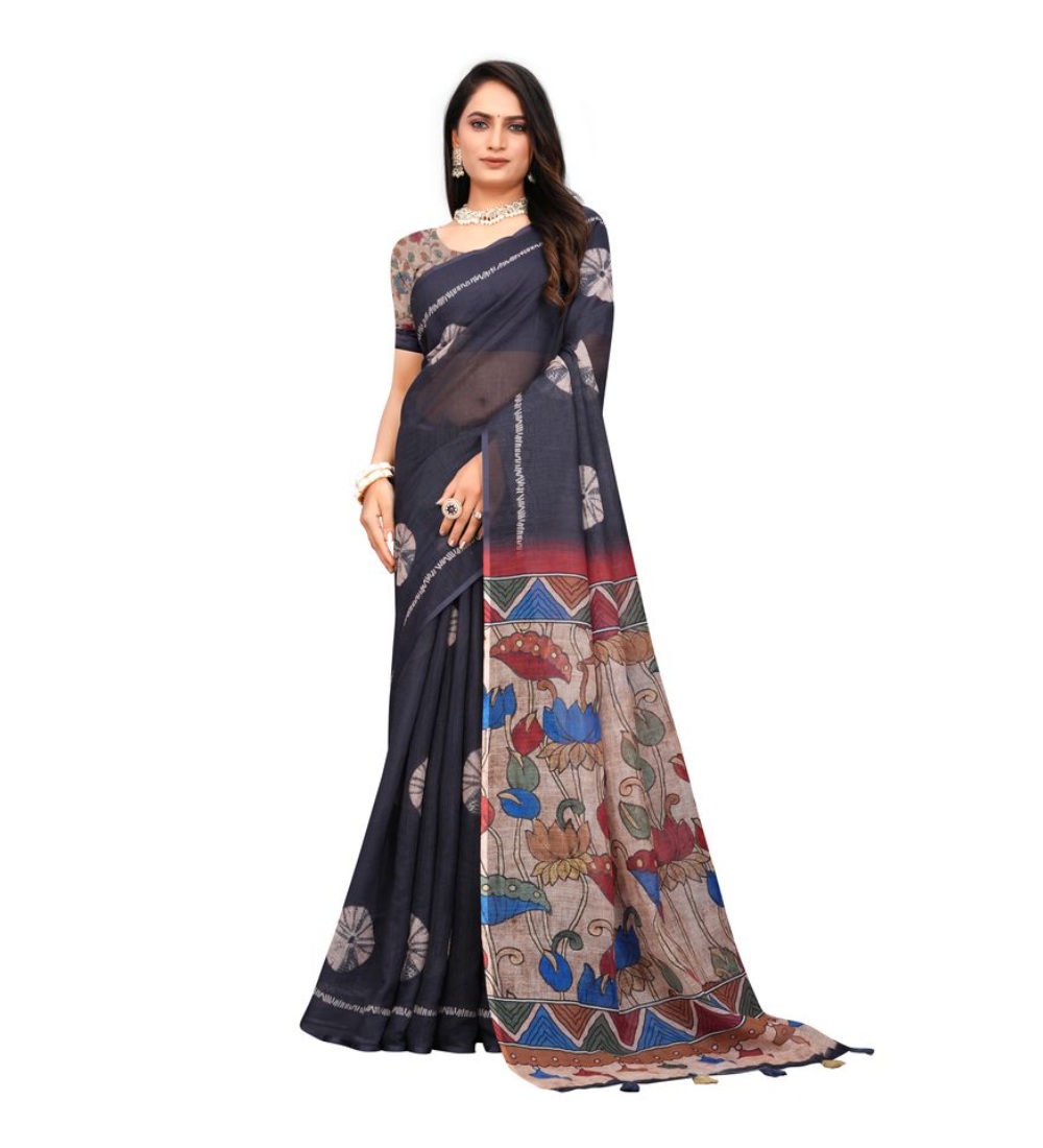  Women's Linen Printed Saree With Unstitched Blouse 5.5Mtr (Black) 