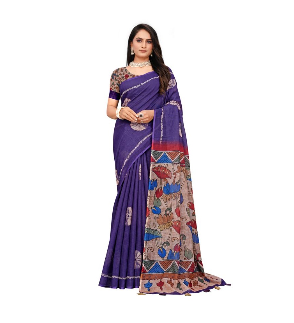  Women's Linen Printed Saree With Unstitched Blouse 5.5Mtr (Purple) 