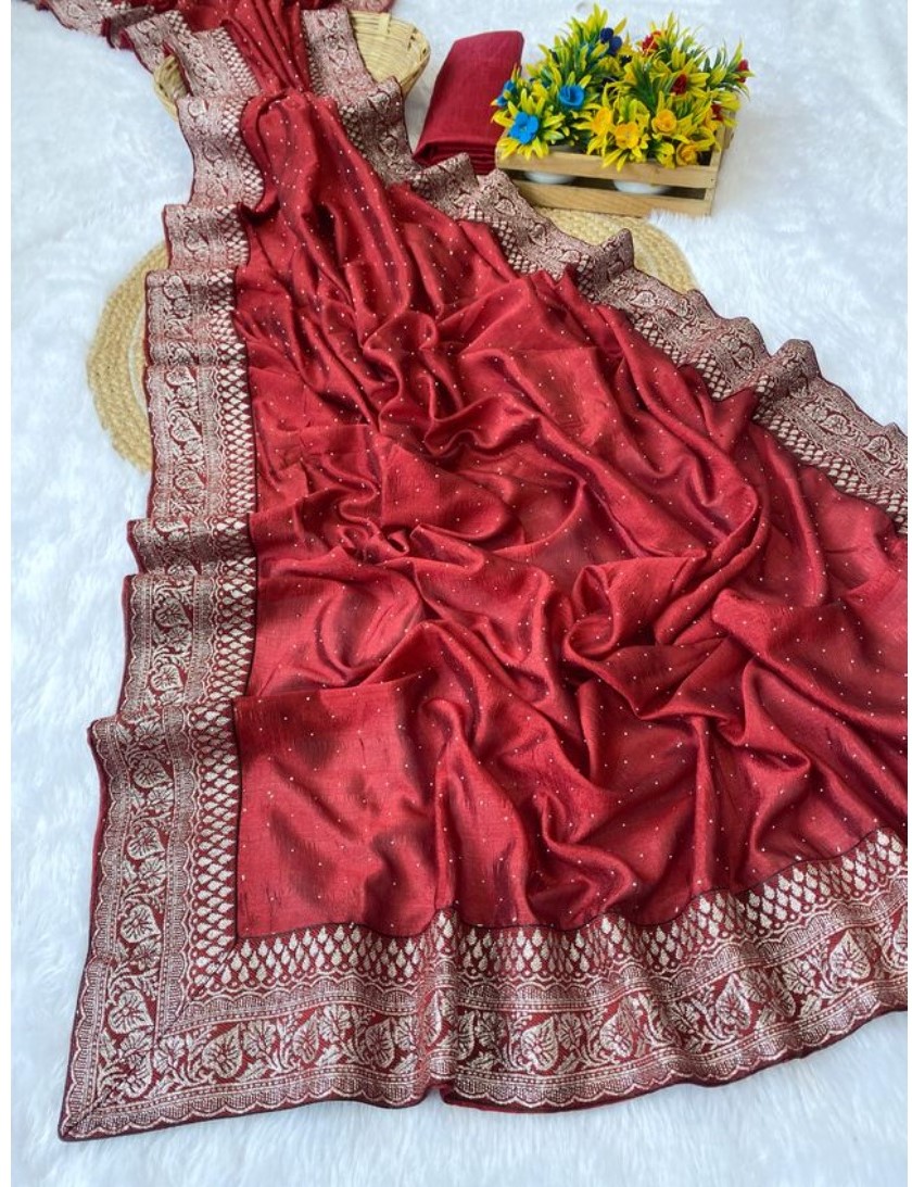  Women's Silk Embroidred Saree With Unstitched Blouse 5.5Mtr (Red) 