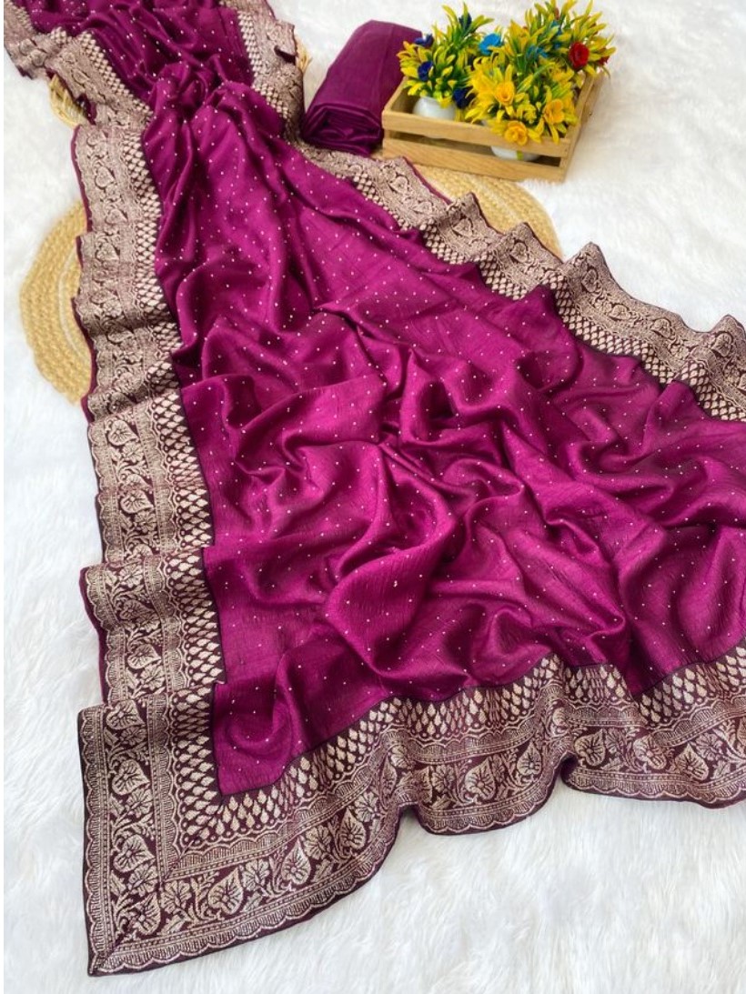  Women's Silk Embroidred Saree With Unstitched Blouse 5.5Mtr (Purple) 