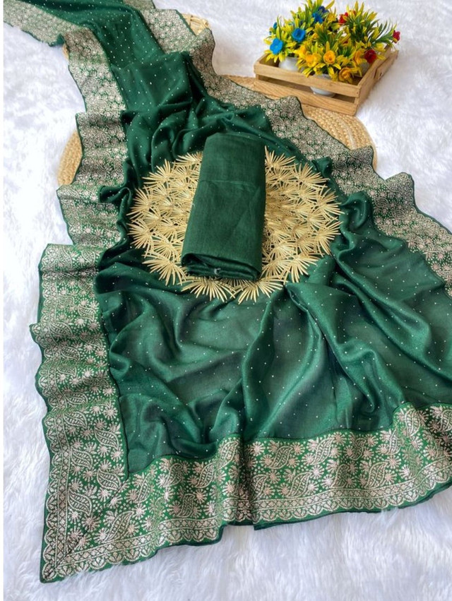  Women's Silk Embroidred Saree With Unstitched Blouse 5.5Mtr (Dark Green) 