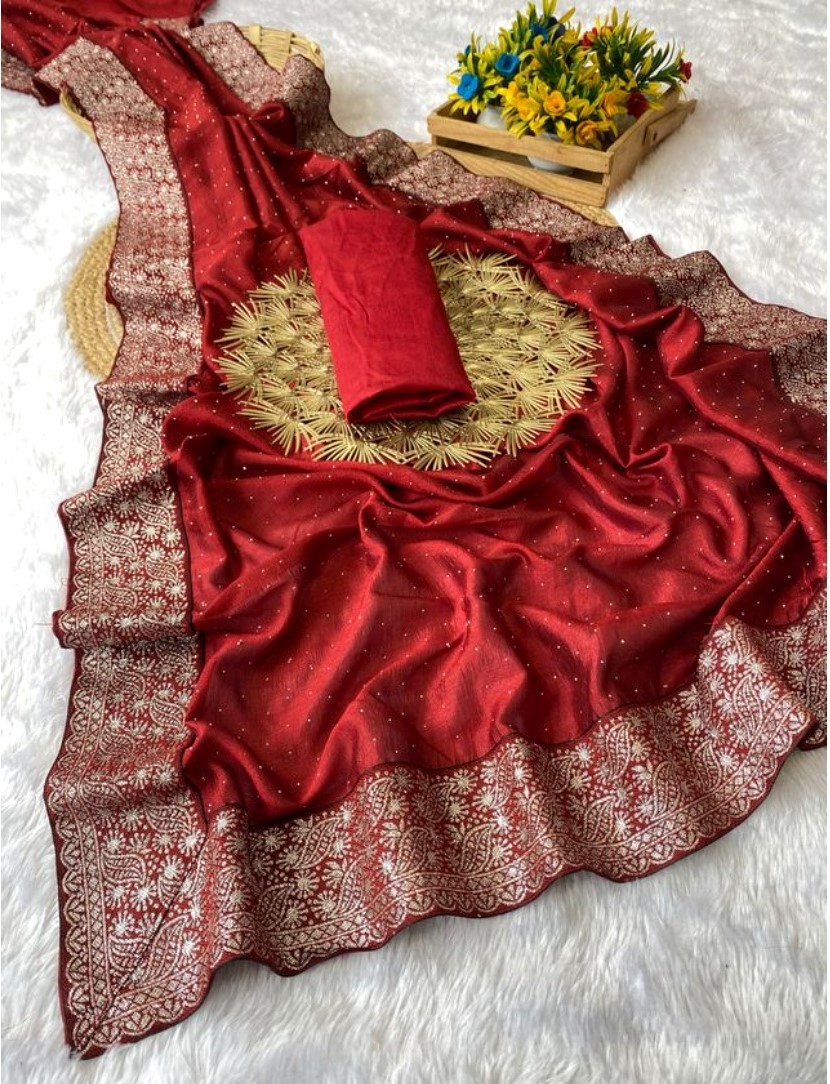  Women's Silk Embroidred Saree With Unstitched Blouse 5.5Mtr (Red) 