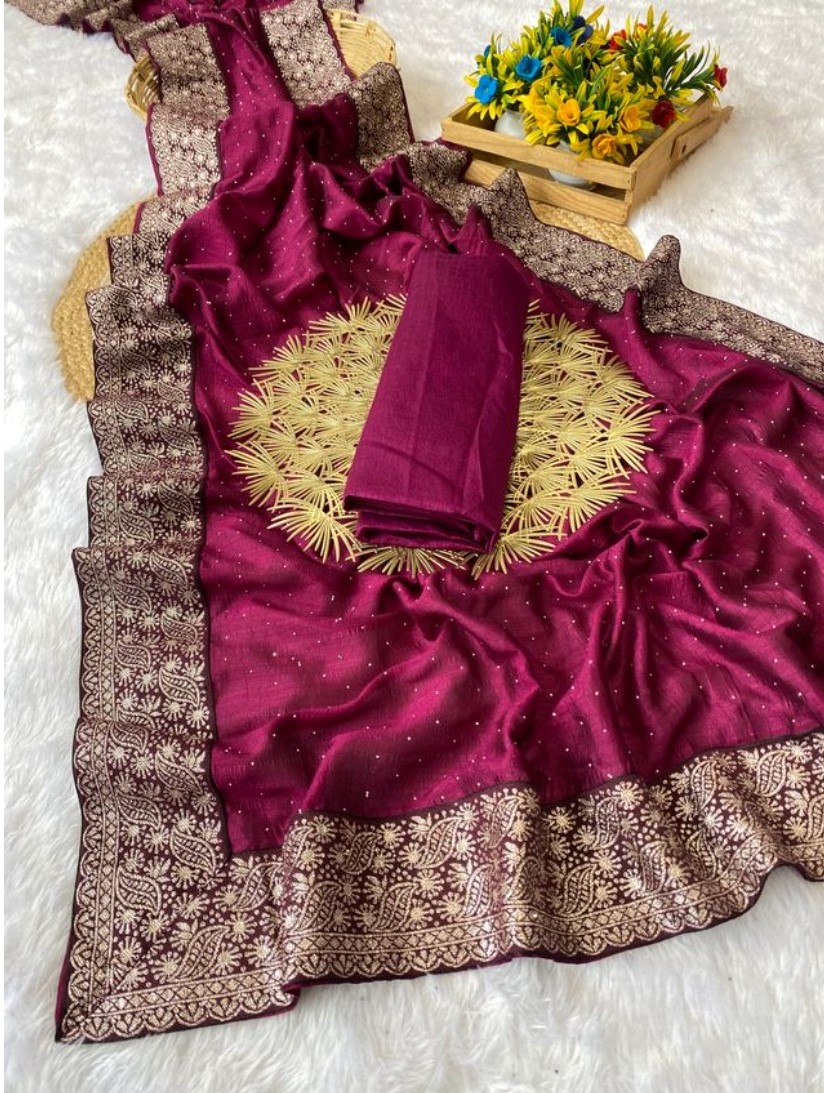  Women's Silk Embroidred Saree With Unstitched Blouse 5.5Mtr (Purple) 