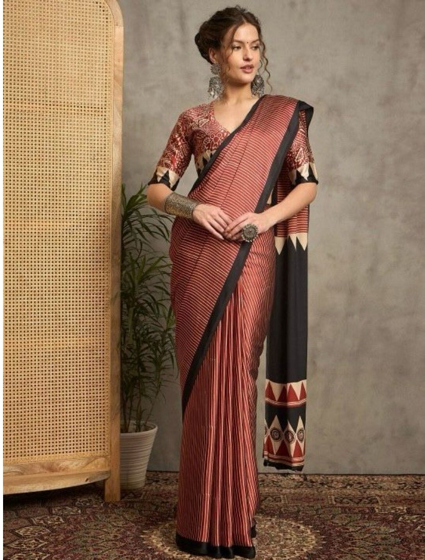  Women's Satin Printed Saree With Unstitched Blouse 5.5Mtr (Black) 