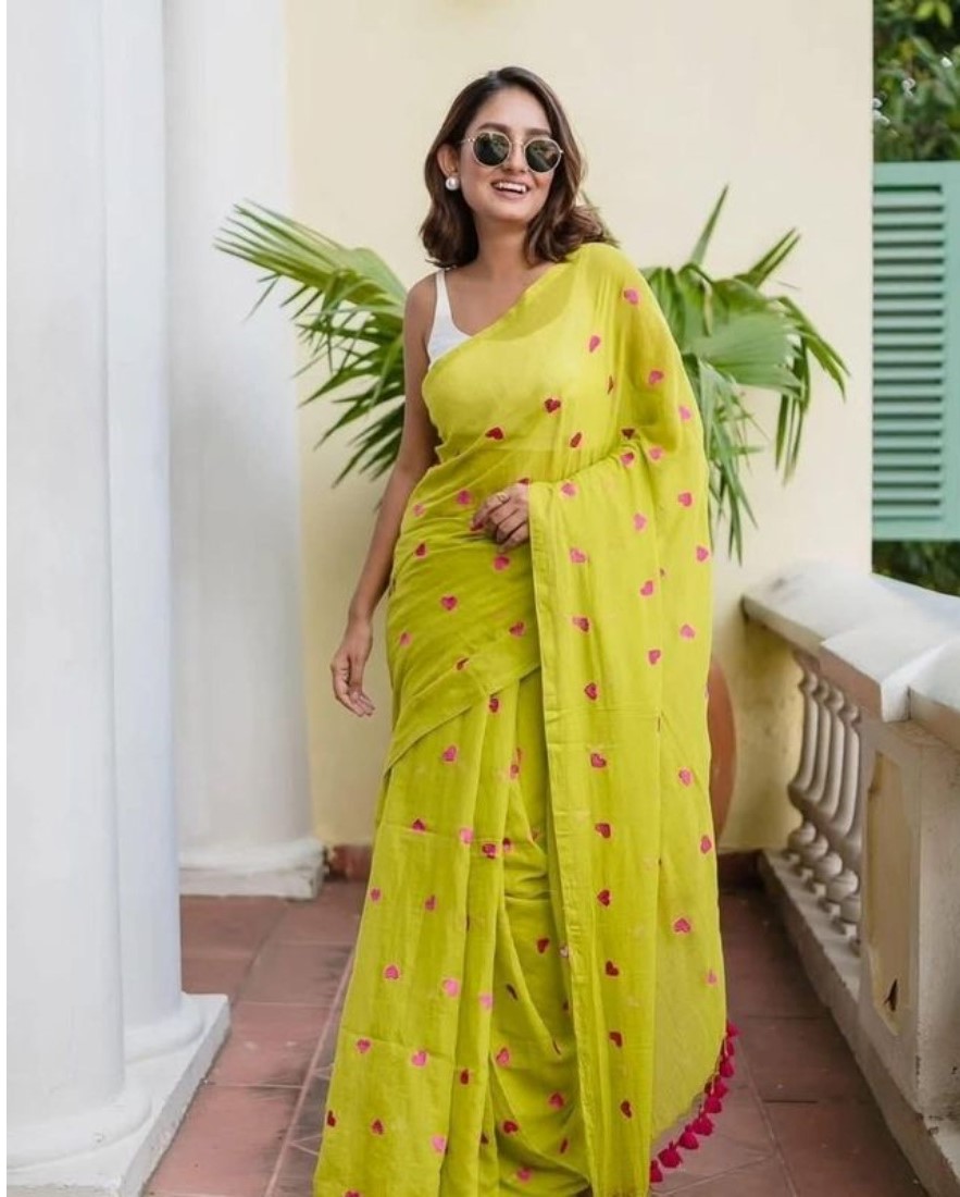  Women's Linen Printed Saree With Unstitched Blouse 5.5Mtr (Light Green) 