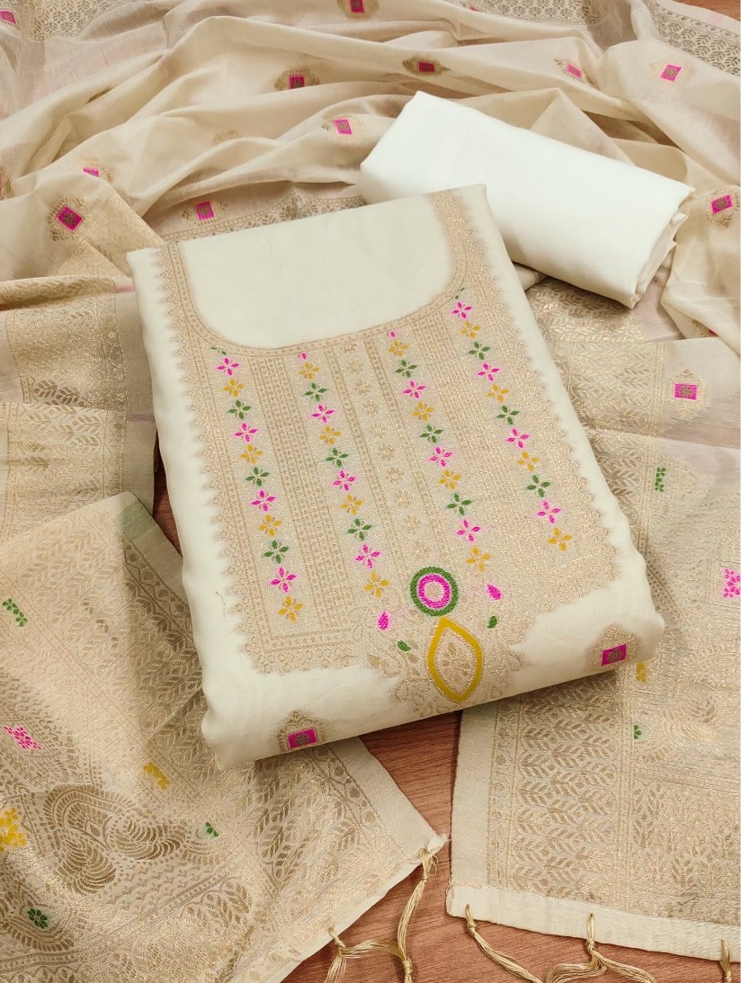  Women's Banarasi Silk Printed Unstitched Salwar Suit Material With Dupatta (White, 3Mtrs) 