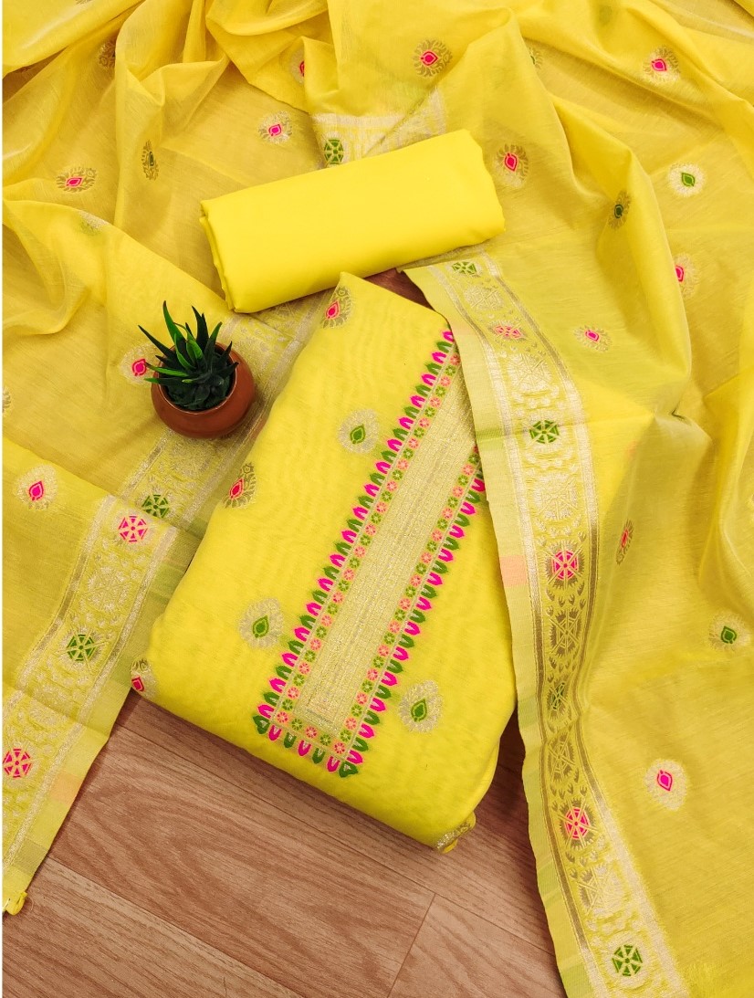  Women's Banarasi Silk Printed Unstitched Salwar Suit Material With Dupatta (Yellow, 3Mtrs) 