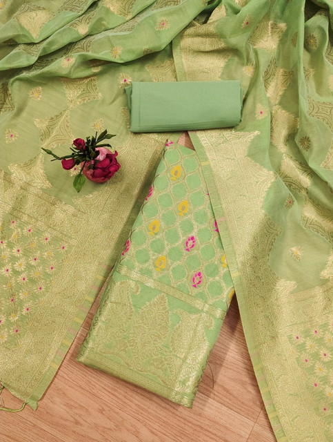  Women's Banarasi Silk Printed Unstitched Salwar Suit Material With Dupatta (Pista, 3Mtrs) 