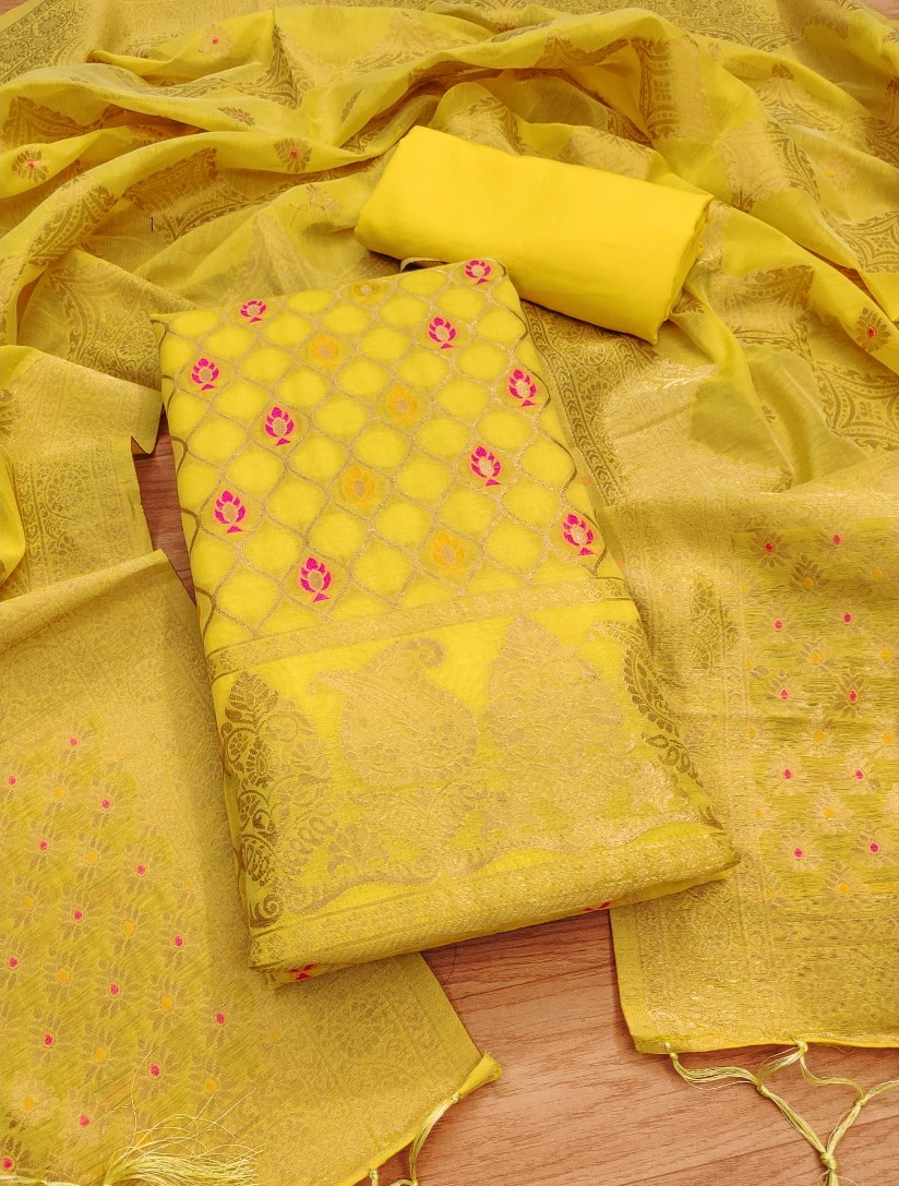  Women's Banarasi Silk Printed Unstitched Salwar Suit Material With Dupatta (Yellow, 3Mtrs) 