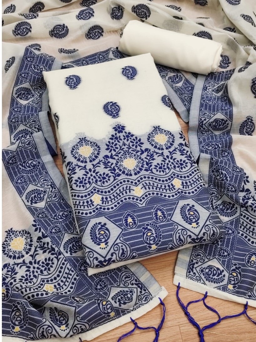  Women's Banarasi Silk Printed Unstitched Salwar Suit Material With Dupatta (Navy Blue, 3Mtrs) 