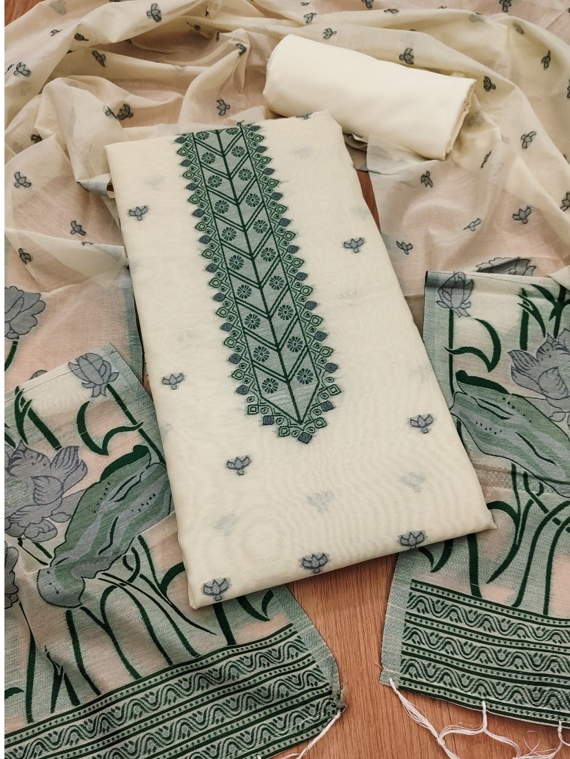  Women's Banarasi Silk Printed Unstitched Salwar Suit Material With Dupatta (OffWhite, 3Mtrs) 