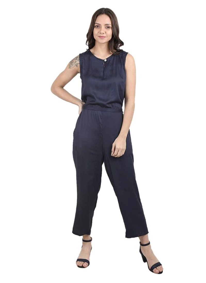 Women's Casual Crepe Sleeveless Jump Suit (Navy Blue)
