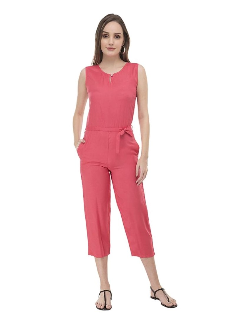 Women's Casual Crepe Sleeveless Jump Suit (Pink)