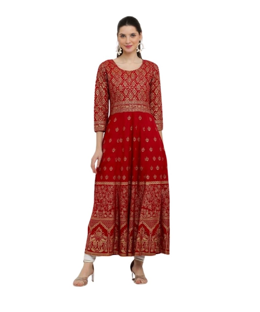 Women's Casual Rayon 3-4th Sleeves Anarkali Kurti (Red)