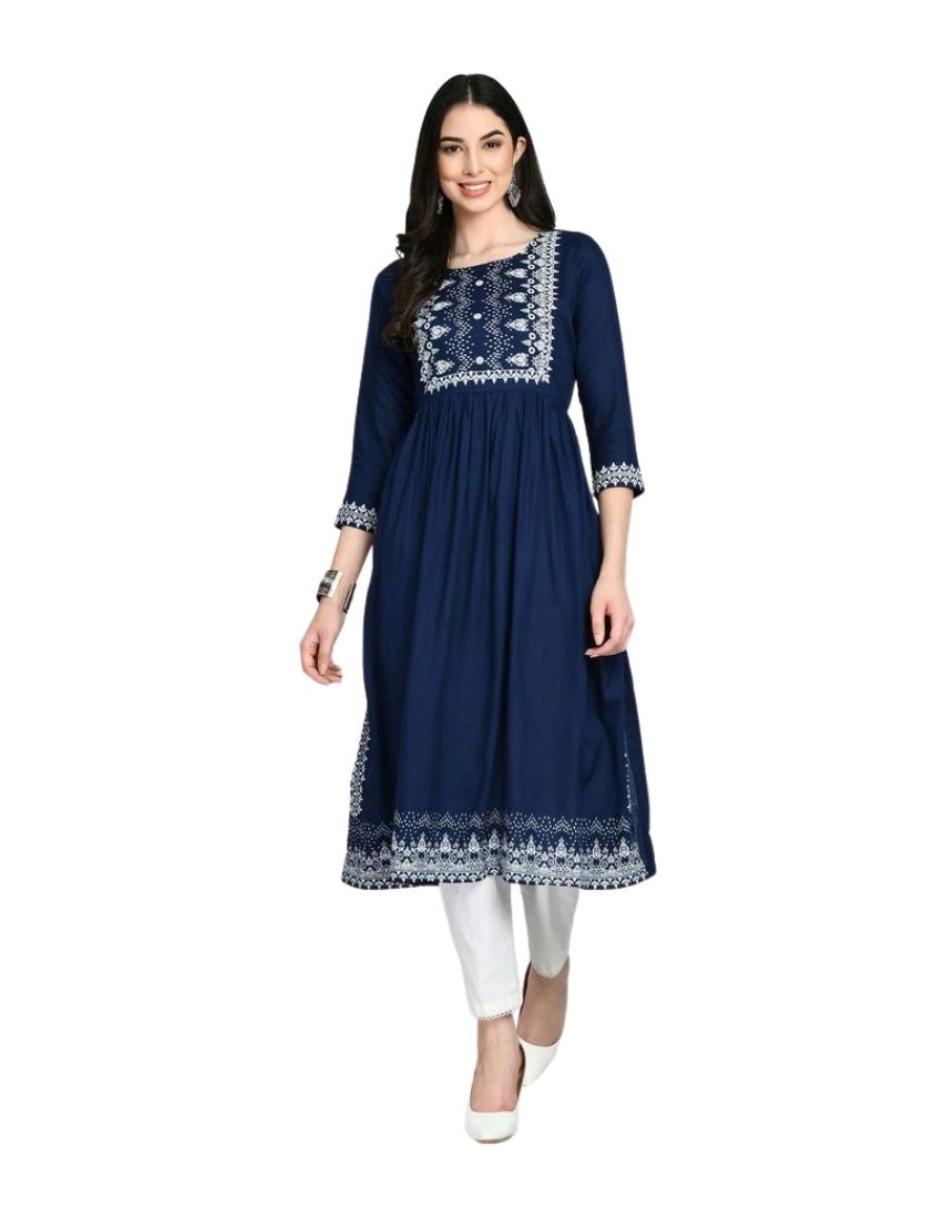 Women's Casual Rayon 3-4th Sleeves Kurti (Blue)