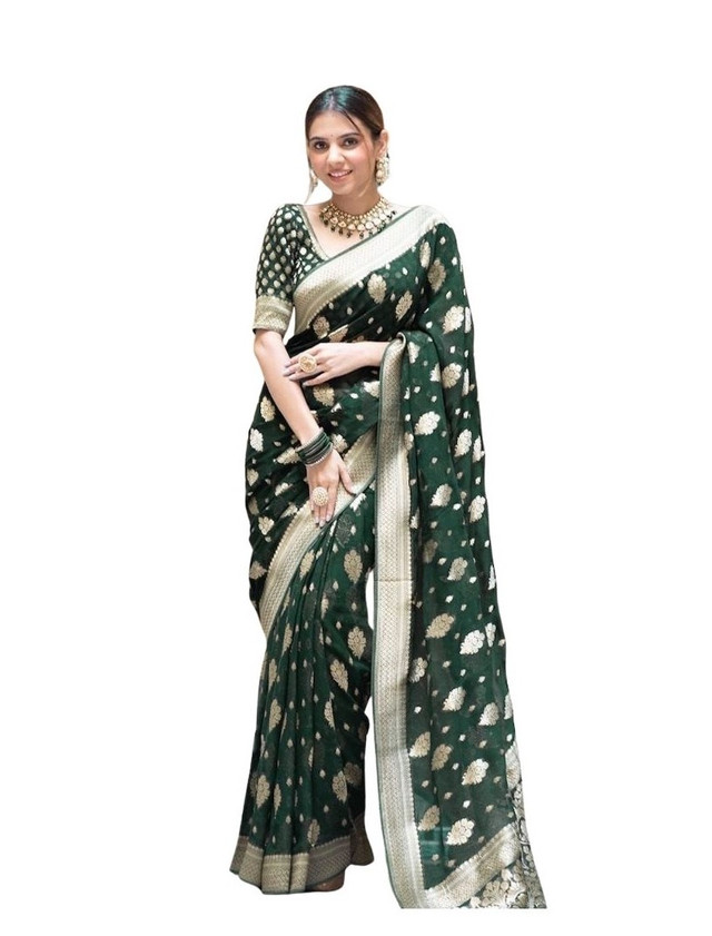 Women's Soft Lichi Silk Printed Saree With Unstitched Blouse 5.5Mtr (Green)