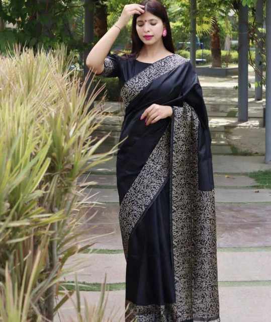 Women's Soft Lichi Silk Printed Saree With Unstitched Blouse 5.5Mtr (Black)
