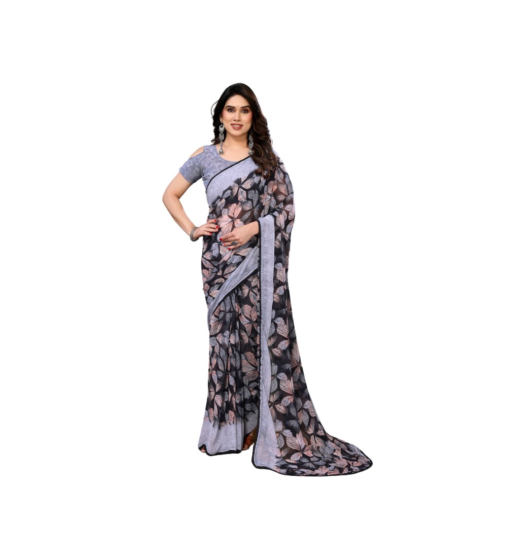  Women's Chiffon Printed Saree With Unstitched Blouse 5.5Mtr (Grey) 