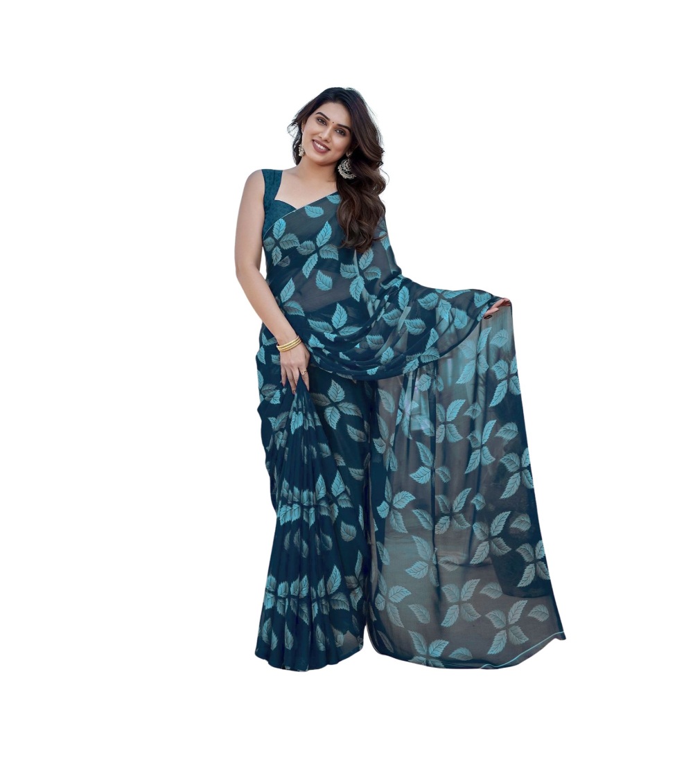  Women's Chiffon Printed Saree With Unstitched Blouse 5.5Mtr (Blue) 