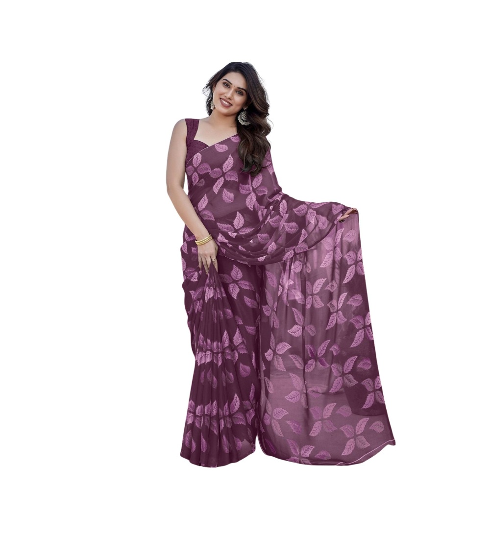  Women's Chiffon Printed Saree With Unstitched Blouse 5.5Mtr (Purple) 