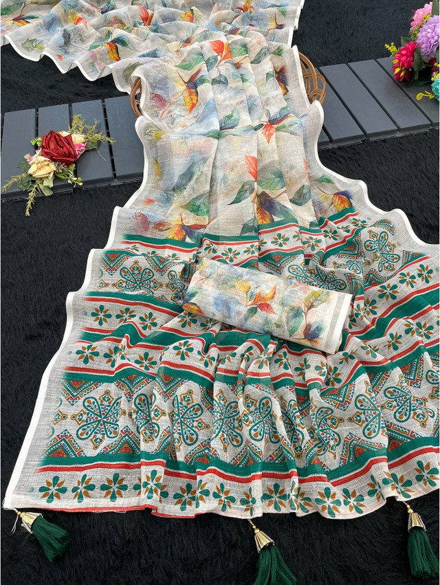  Women's Linen Cotton Printed Saree With Unstitched Blouse 5.5Mtr (Green) 