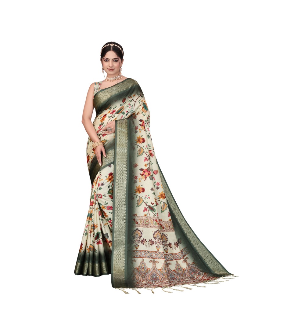  Women's Cotton Silk Printed Saree With Unstitched Blouse 5.5Mtr (Green) 