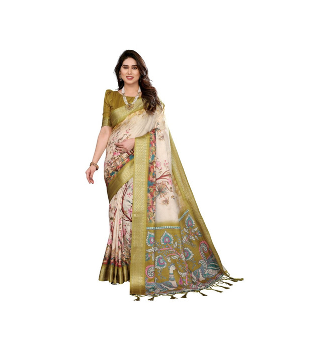  Women's Cotton Silk Printed Saree With Unstitched Blouse 5.5Mtr (Olive Green) 