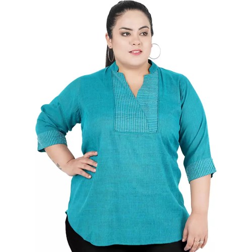  Women's Casual Three Fourth Sleeve Embroidered Light Green Top (Color:Light Blue, Material:Cotton Linen Blend) 