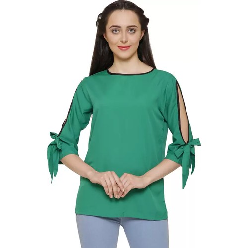  Women's Casual Slit Sleeve Solid Green Top (Color:Green, Material:Poly Crepe) 