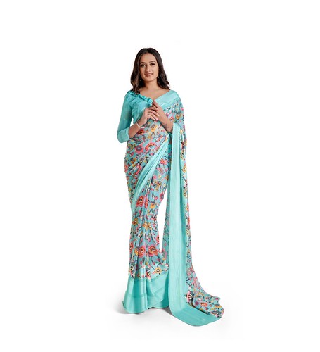  Women's Satin Patta Printed Saree With Unstitched Blouse (Skyblue) 