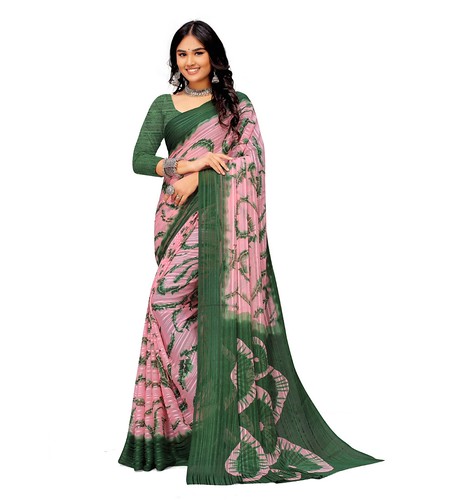  Women's Georgette Printed Saree With Unstitched Blouse (Green) 