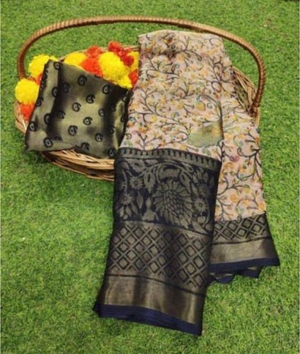  Women's Viscose Rayon Printed Saree With Unstitched Blouse (Navyblue) 