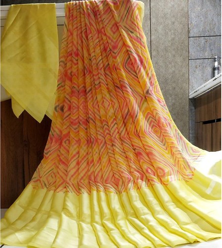 Women's Satin Patta Printed Saree With Unstitched Blouse (Yellow) 