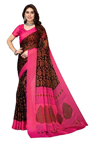  Women's Viscose Rayon Printed Saree With Unstitched Blouse (Black) 