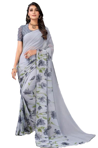  Women's Georgette Printed Saree With Unstitched Blouse (Grey) 