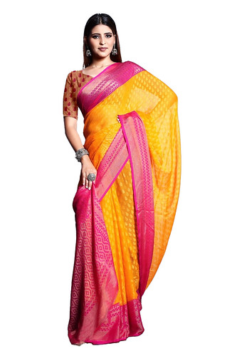  Women's Viscose Rayon Printed Saree With Unstitched Blouse (Yellow) 
