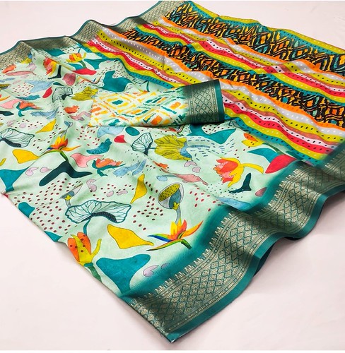  Women's Cotton Silk Printed Saree With Unstitched Blouse 5.5Mtr (Multicolor) 