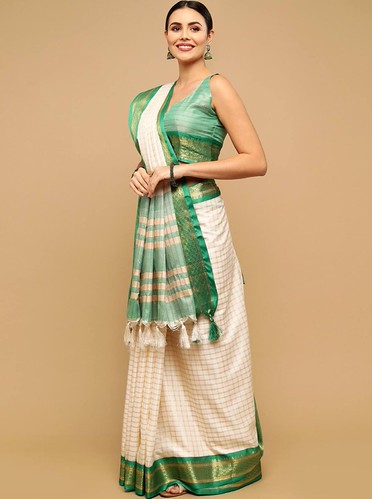  Women's Cotton Silk Checkered Saree With Unstitched Blouse 5.5Mtr (Green) 