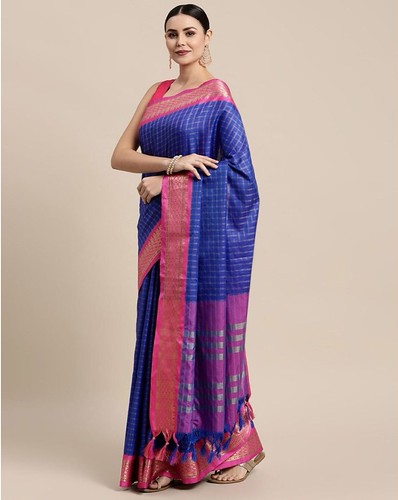  Women's Cotton Silk Checkered Saree With Unstitched Blouse 5.5Mtr (R Blue) 