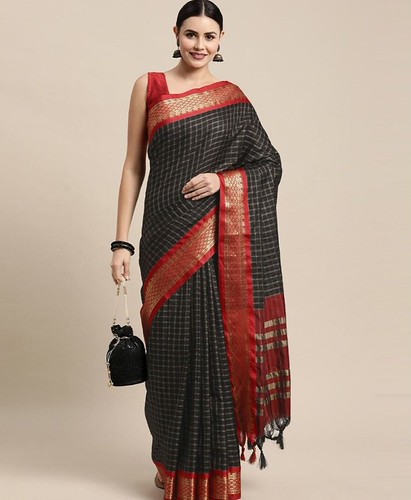  Women's Cotton Silk Checkered Saree With Unstitched Blouse 5.5Mtr (Black) 