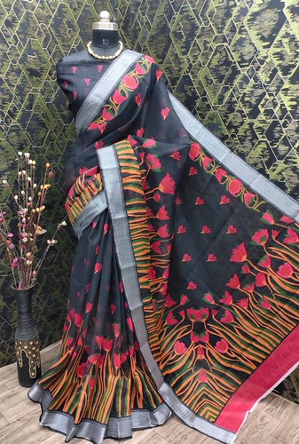  Women's Cotton Linen Digital Print Saree With Unstitched Blouse 5.5Mtr (Black) 