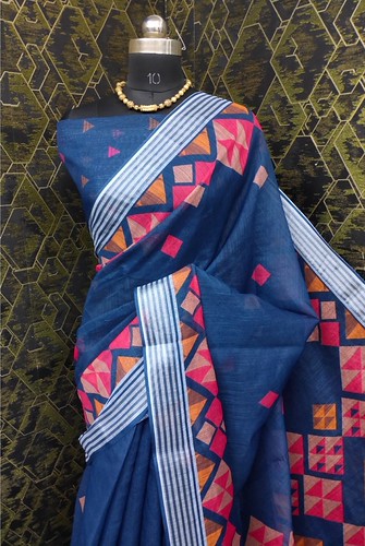  Women's Cotton Linen Digital Print Saree With Unstitched Blouse 5.5Mtr (Blue) 
