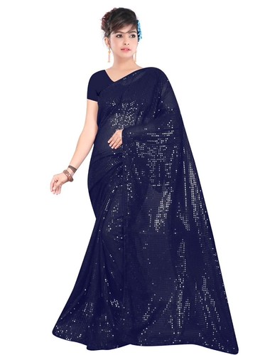  Women's Georgette Embellished Sequnece Bollywood Saree With Unstitched Blouse 5.5Mtr (Blue) 