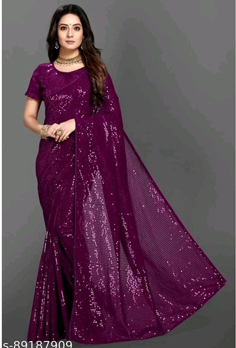  Women's Georgette Embellished Sequnece Bollywood Saree With Unstitched Blouse 5.5Mtr (Purple) 