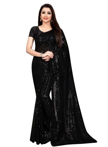  Women's Georgette Embellished Sequnece Bollywood Saree With Unstitched Blouse 5.5Mtr (Black) 